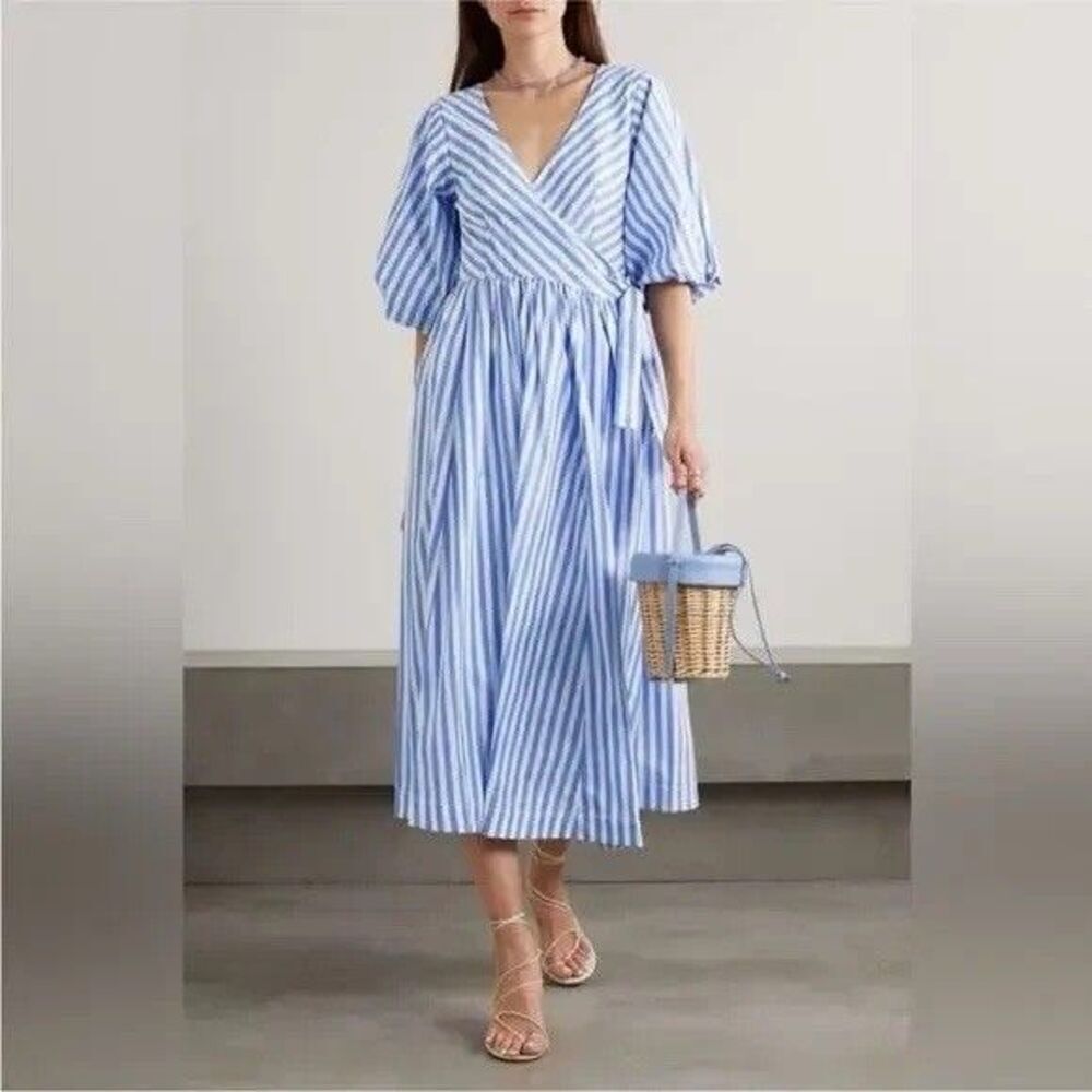 Staud Jodie Midi Wrap Dress Sea Stripe S Bridal Wedding Guest Coastal Nautical